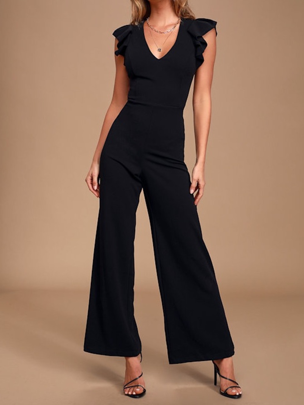 Lulu's Power Play Open Black V-Neck Ruffle-Sleeve Wide-Leg Jumpsuit Size S